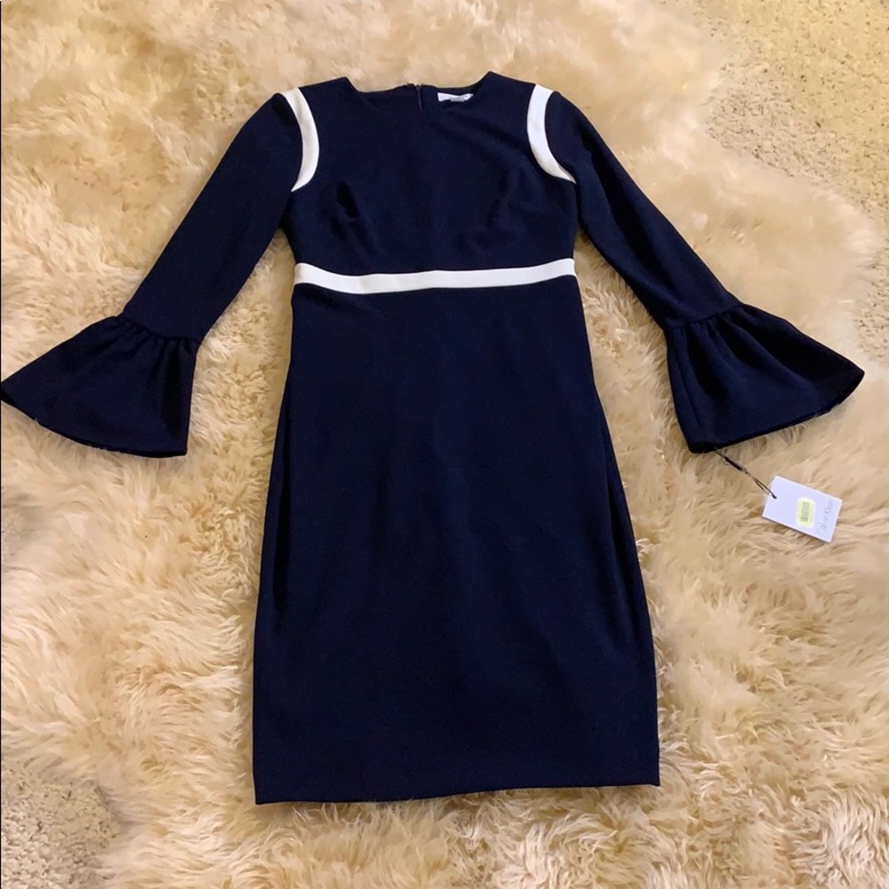 Calvin Klein Long Sleeve Dress Navy Blue And White
